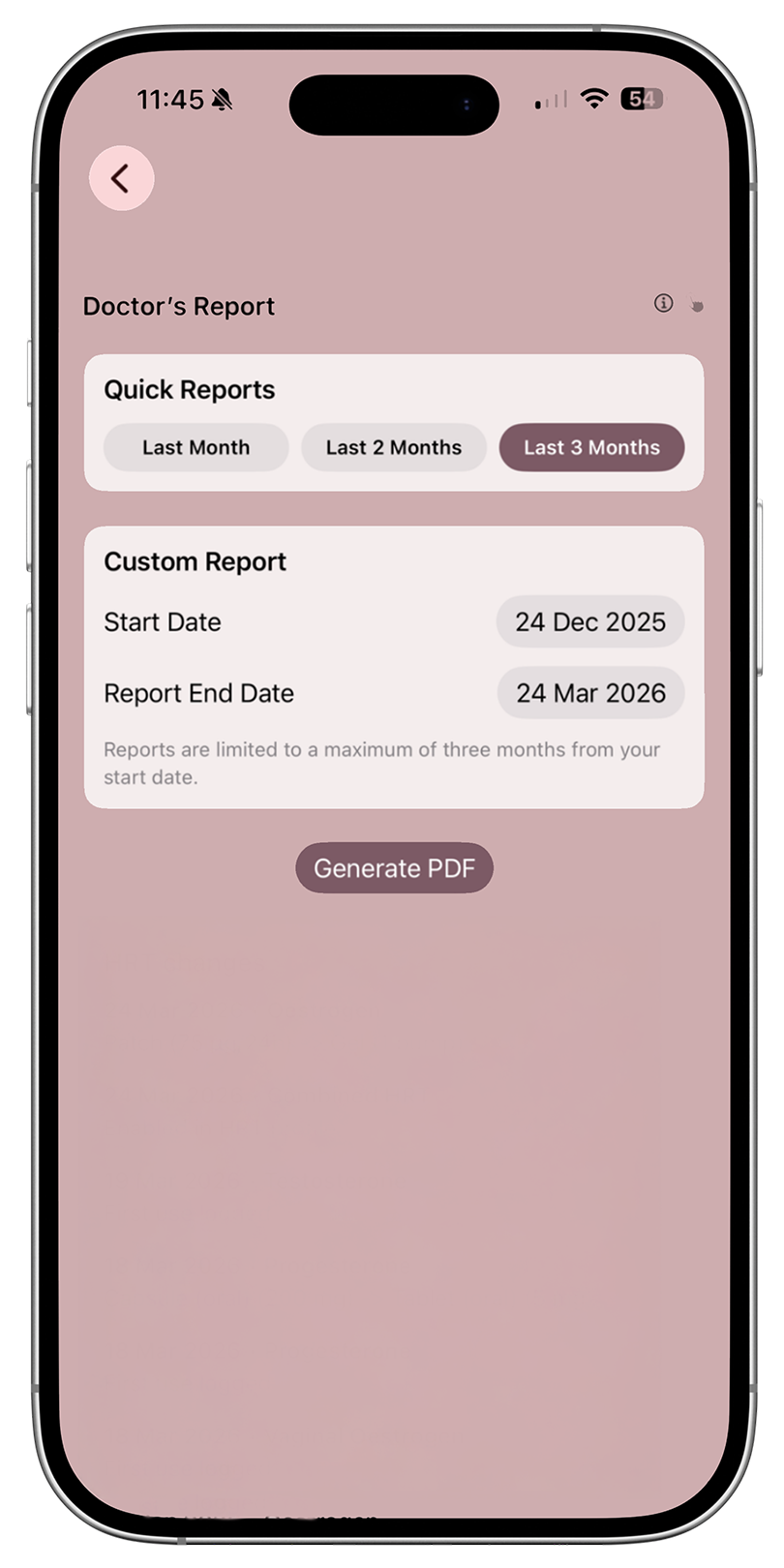 menopause tracking app showing the place you create a doctor report