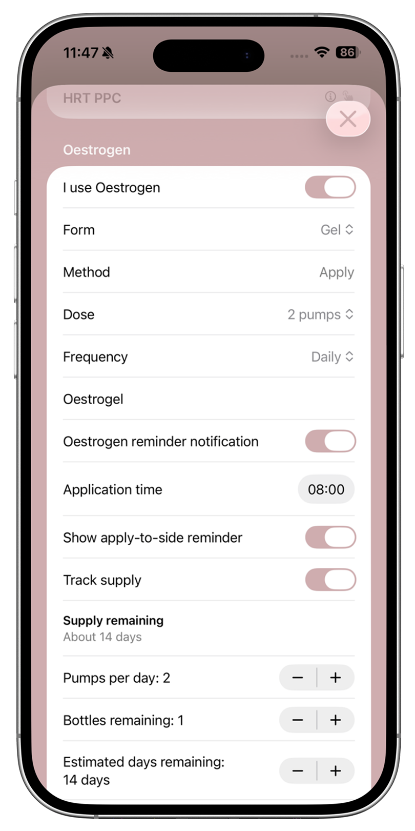menopause tracking app showing the HRT medication for oestrogen