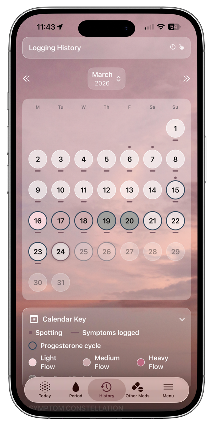 menopause tracking app showing your history