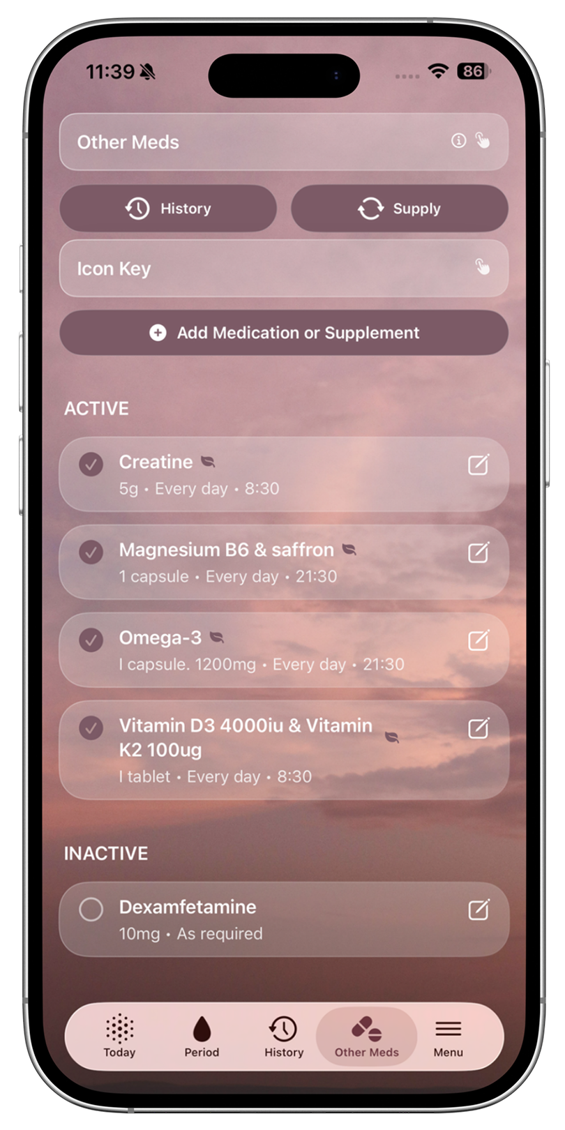 menopause tracking app showing other medications and supplements