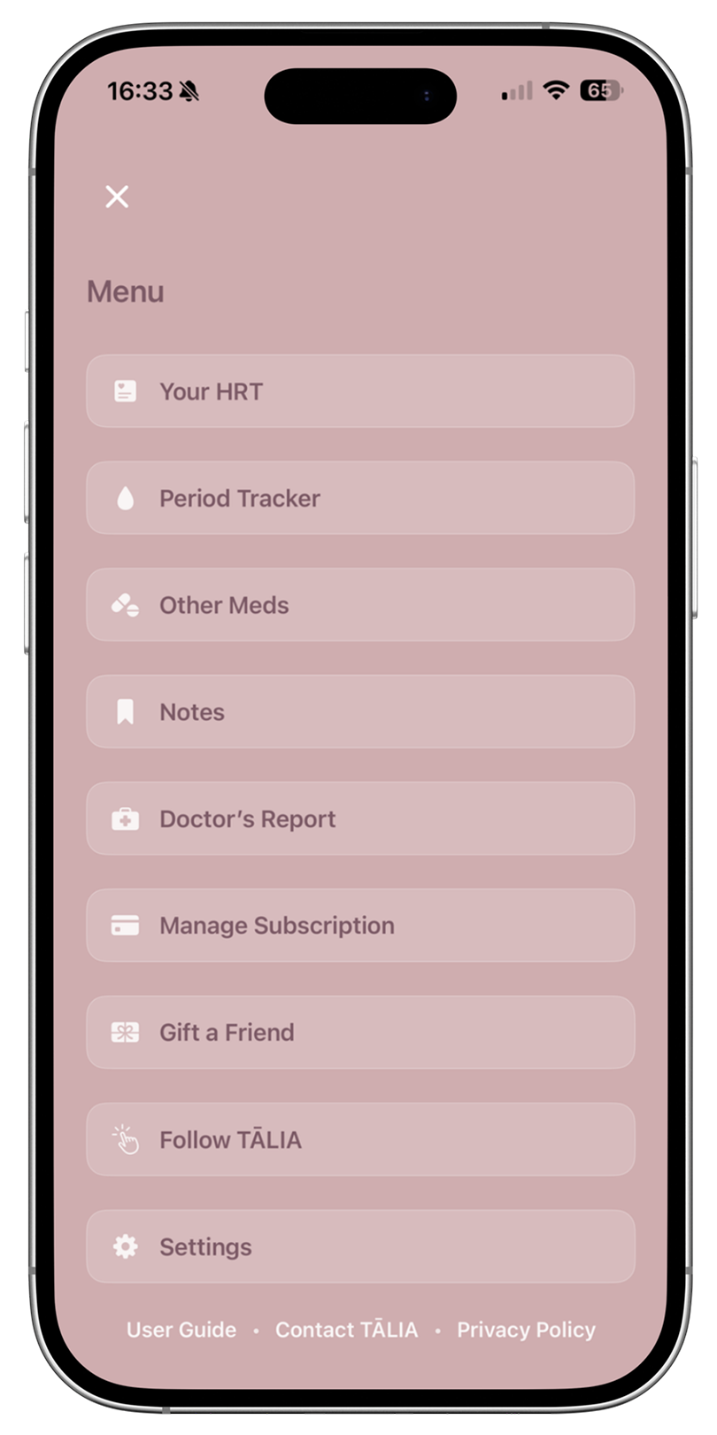 The Menu screen in the menopause tracking app