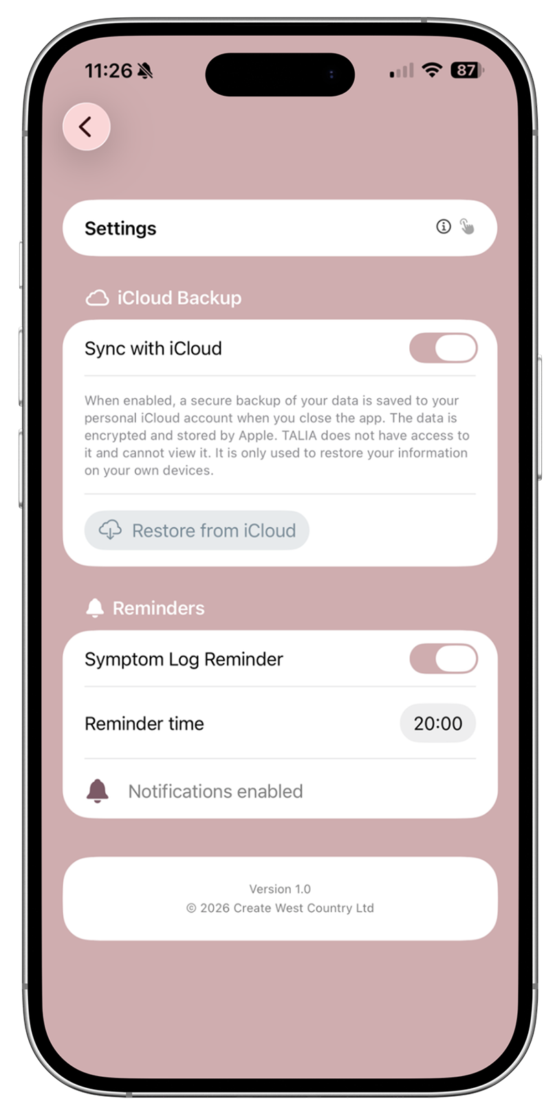 menopause tracking app showing the Settings screen