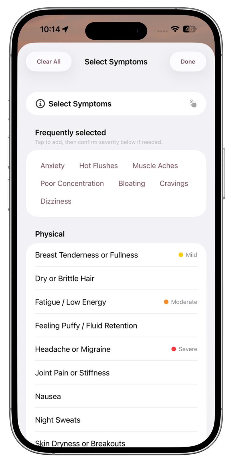 menopause tracking app showing the symptoms by severity