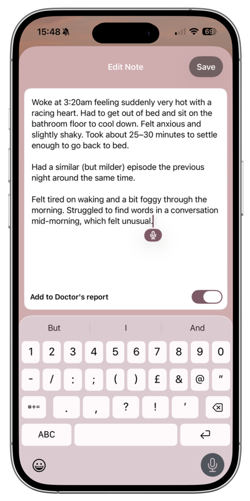 Adding notes via voice on the TALIA menopause tracking app
