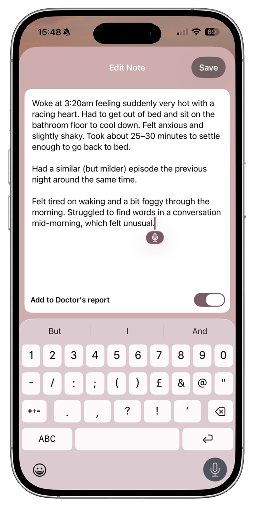 Adding notes via voice on the TALIA menopause tracking app