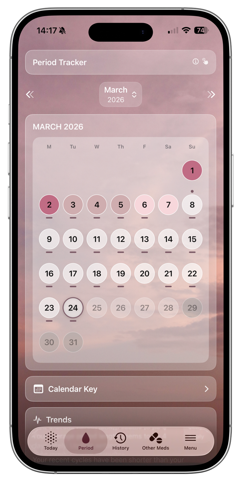 menopause tracking app showing the period and symptom tracker