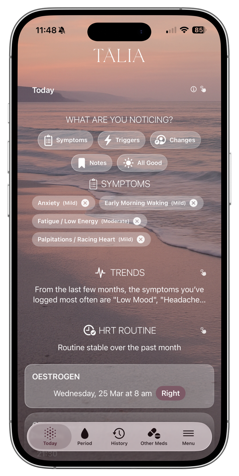 menopause tracking app showing the Home Screen 