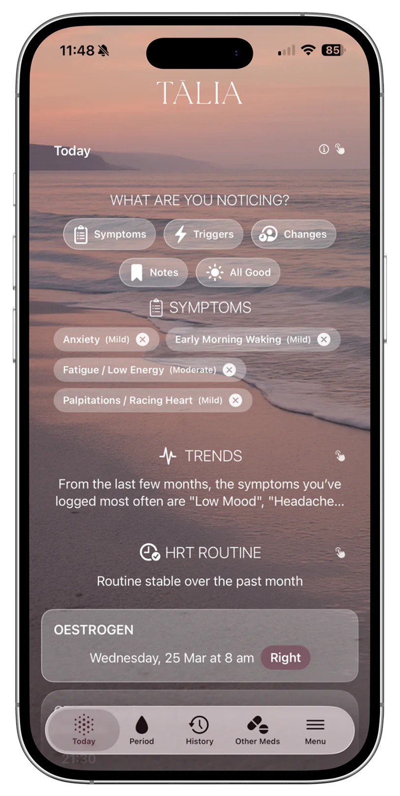 app de seguimiento de la menopausia mostrando la pantalla de inicio