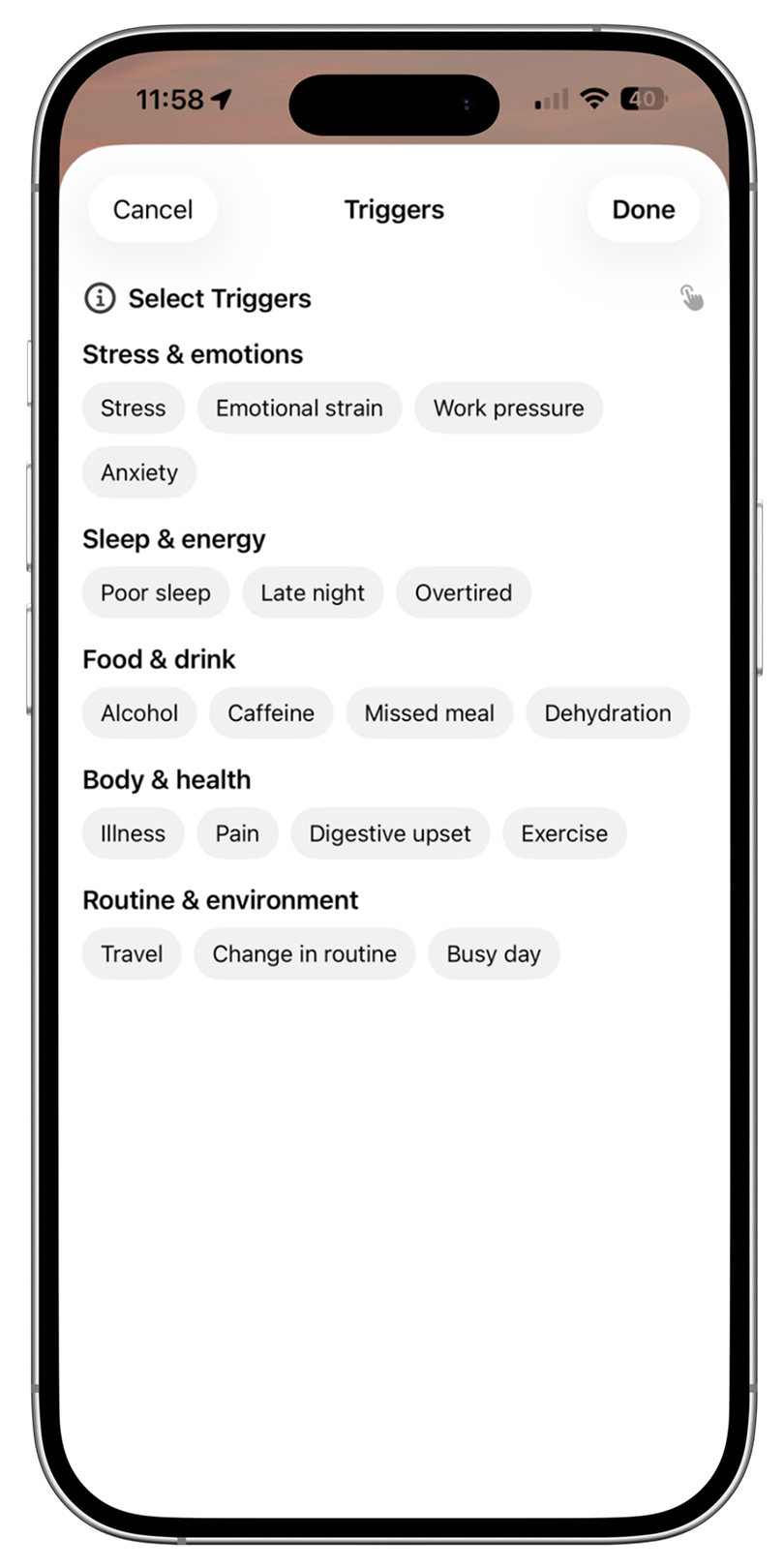 menopause tracking app showing the possible triggers
