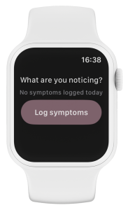 Apple Watch displaying the TĀLIA app symptom logging screen, showing options such as nausea, palpitations with severe indication, and shoulder pain and stiffness.