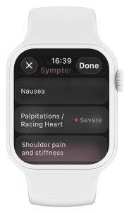 Apple Watch displaying the TĀLIA app symptom logging screen, showing options such as nausea, palpitations with severe indication, and shoulder pain and stiffness.
