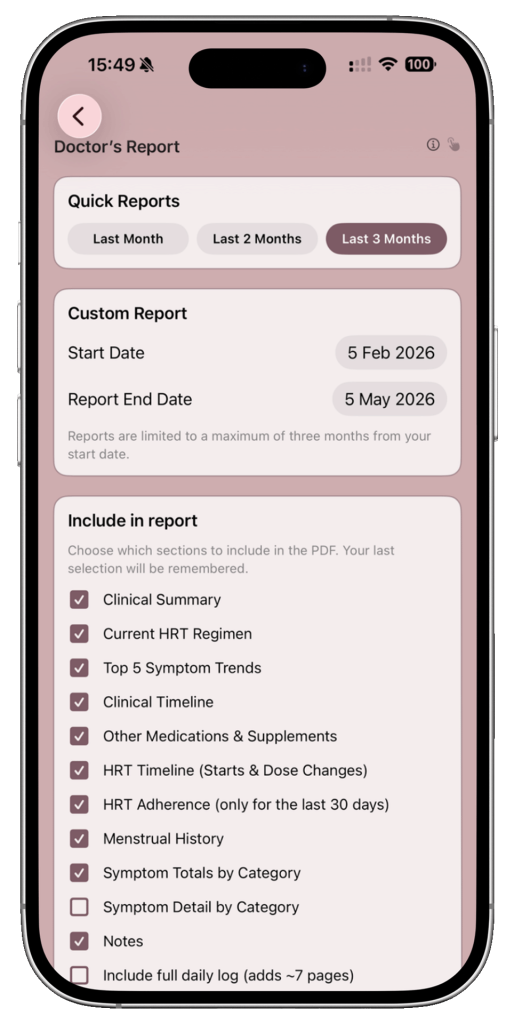Doctor's Report screen with Quick Reports (Last 3 Months) and a Custom Report form showing Start: 5 Feb 2026 and End: 5 May 2026, plus a long checklist of report sections.