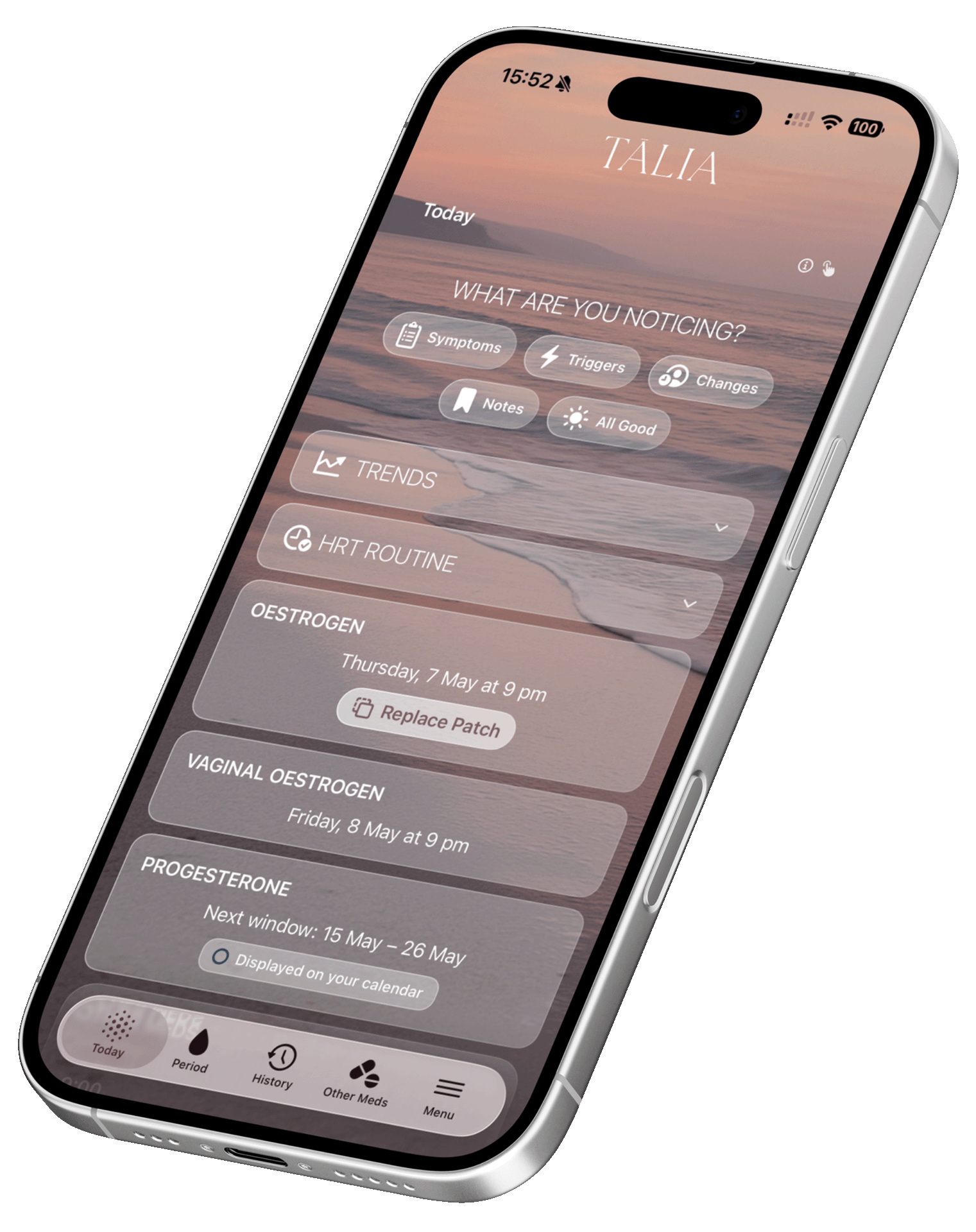Tilted smartphone displaying a health-tracking app with buttons for Symptoms, Triggers, Notes and hormonal entries (Estrogen, Progesterone).