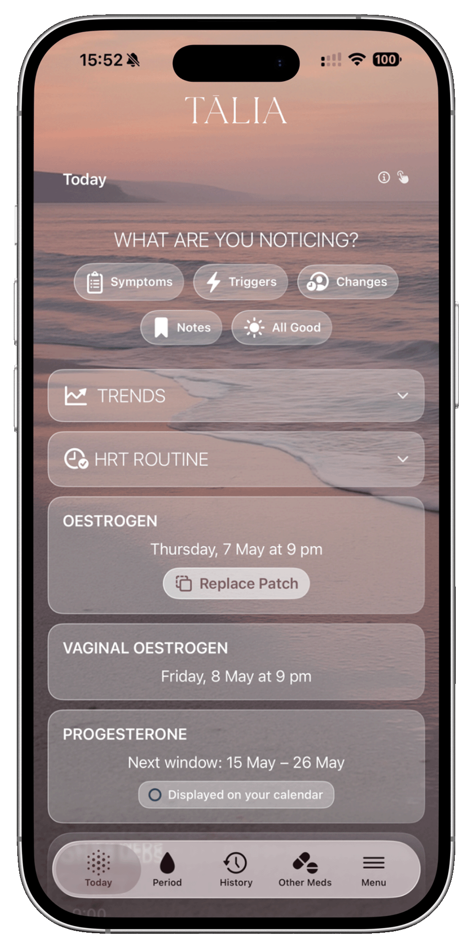 menopause tracking app showing the Home Screen