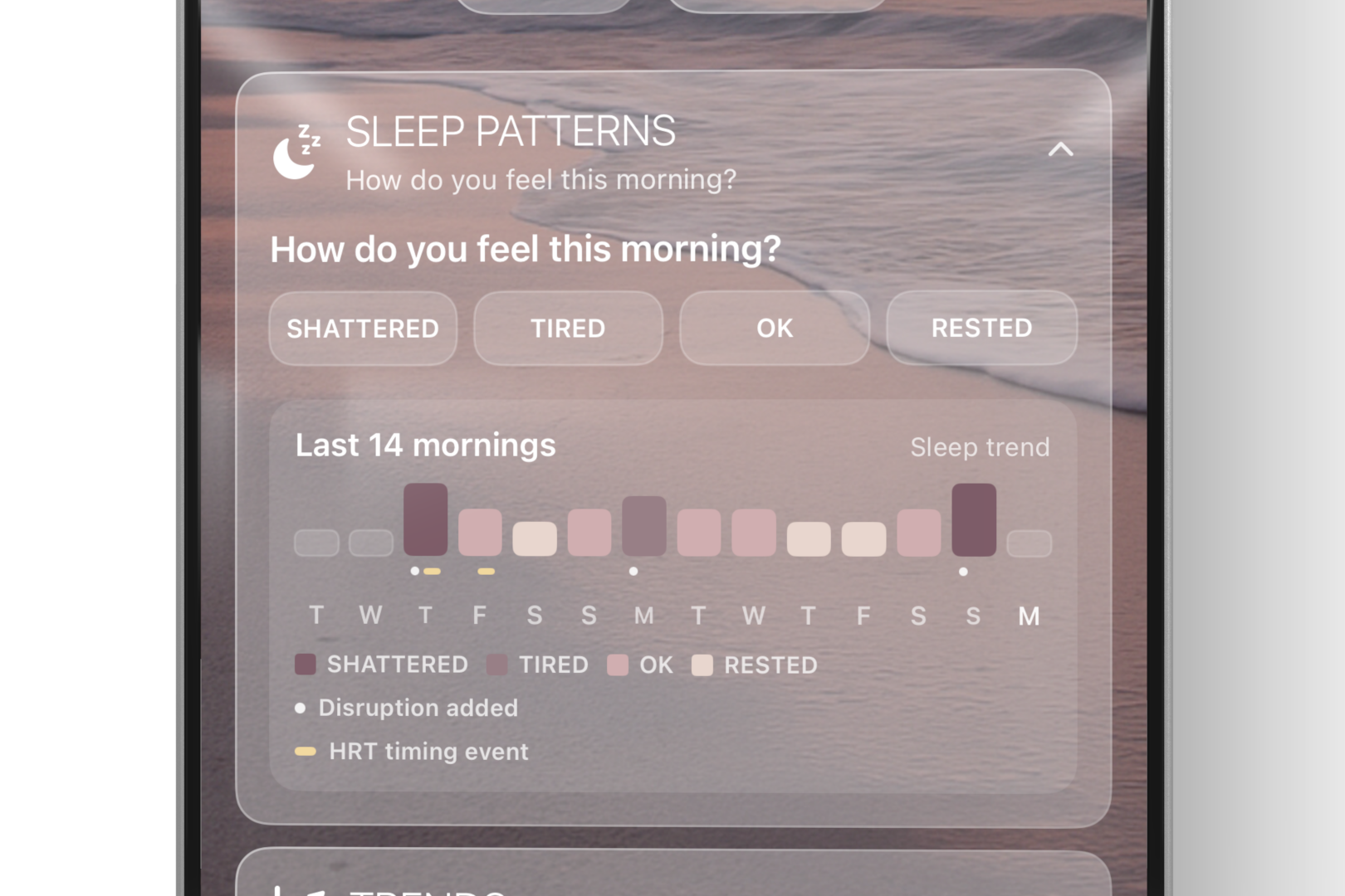 TALIA menopause app sleep patterns screen showing morning sleep quality check-in, HRT timing events and 14-day sleep trend tracking on iPhone