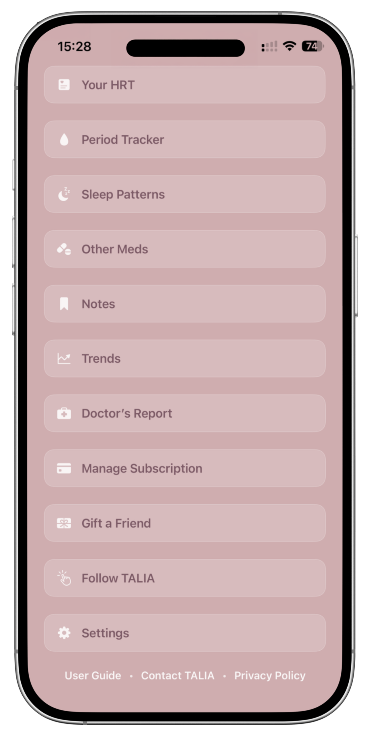 Mobile app menu screen with rounded pink buttons listing sections: Your HRT, Period Tracker, Other Meds, Notes, Trends, Doctor's Report, Manage Subscription, Gift a Friend, Follow TALIA, Settings.