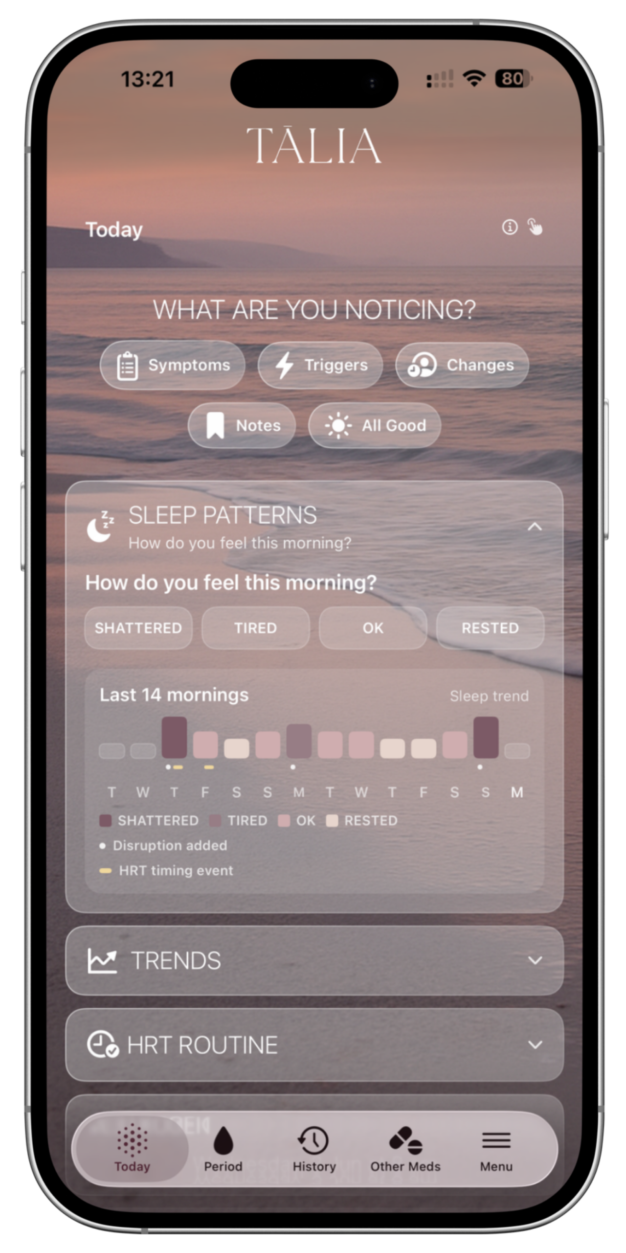Sleep Patterns Screen on TALIA Menopause app