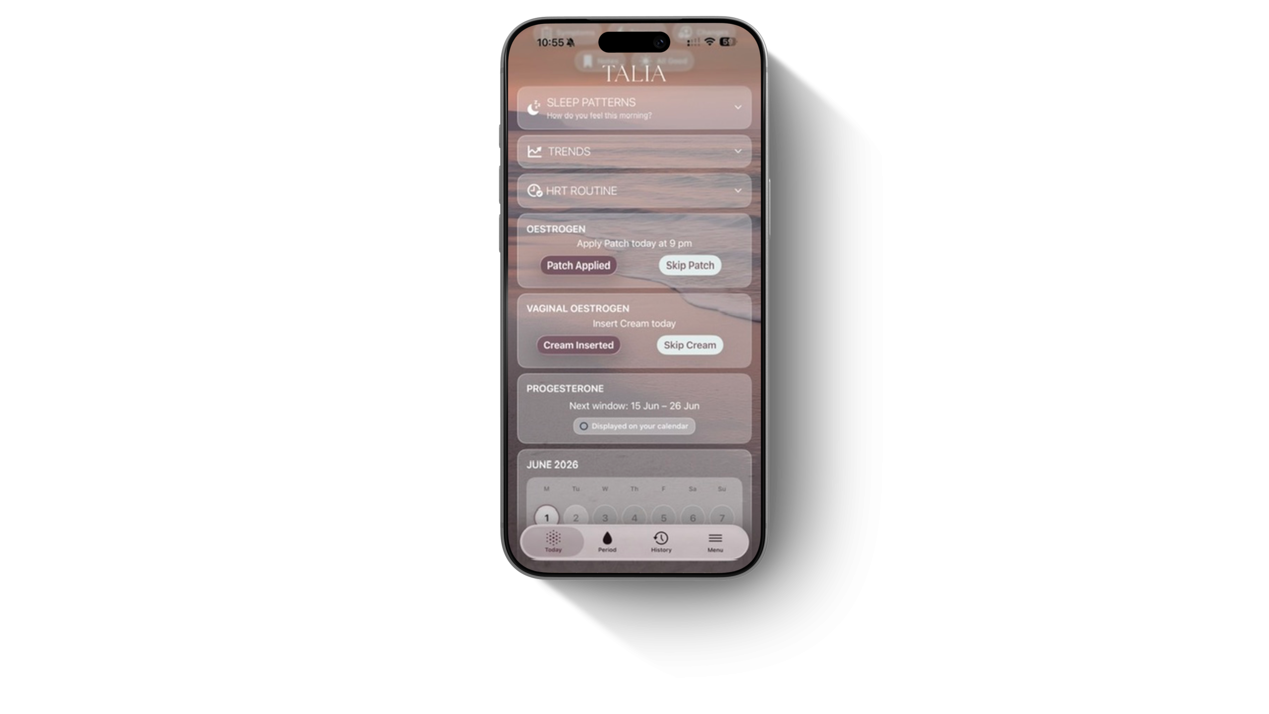 iPhone displaying the TĀLIA menopause and HRT tracker app with hormone routine reminders, sleep tracking, symptom trends and medication schedule interface