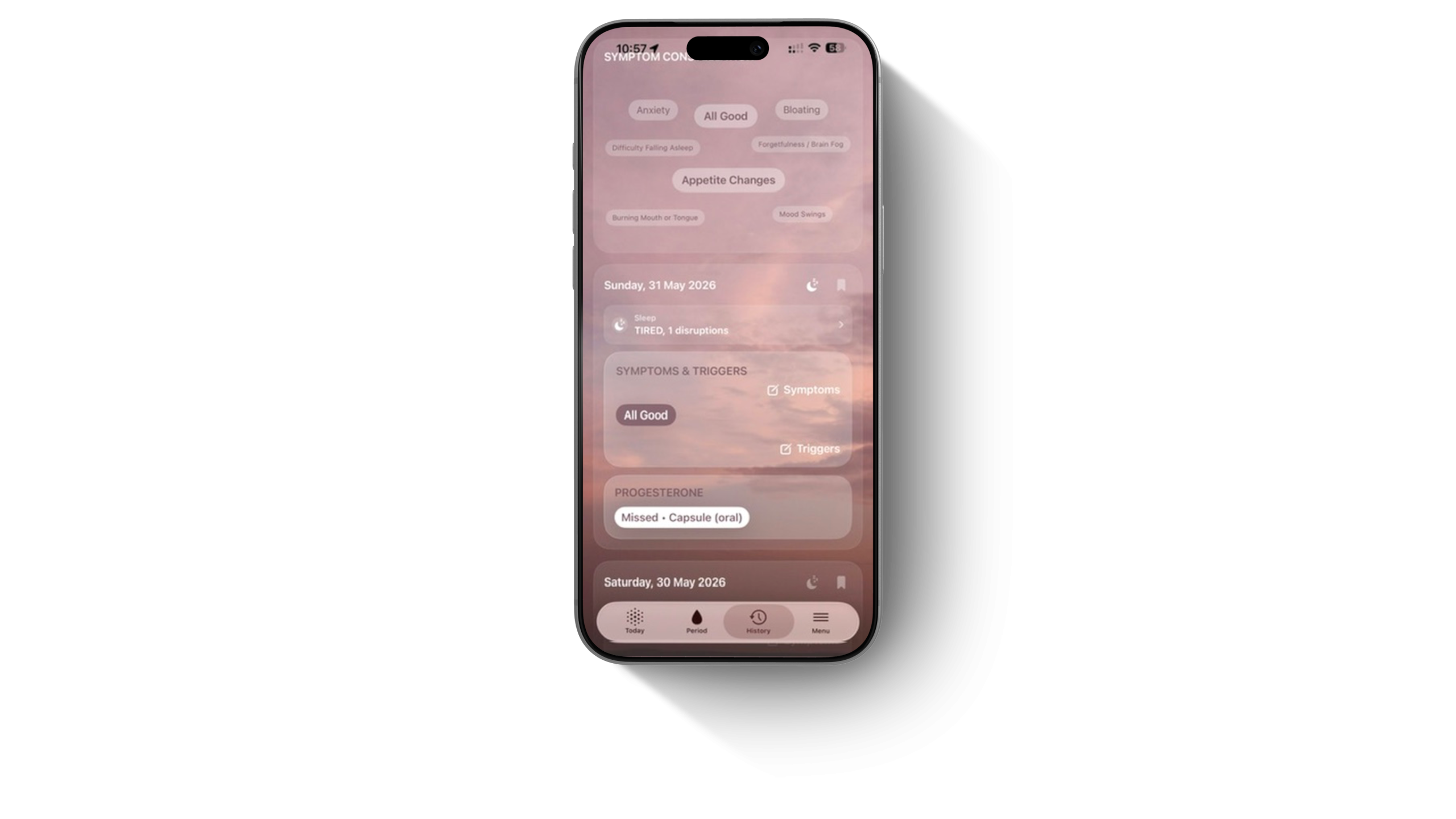 iPhone displaying the TĀLIA menopause and HRT tracker app with symptom tracking, appetite changes, progesterone logging and daily hormone health entries