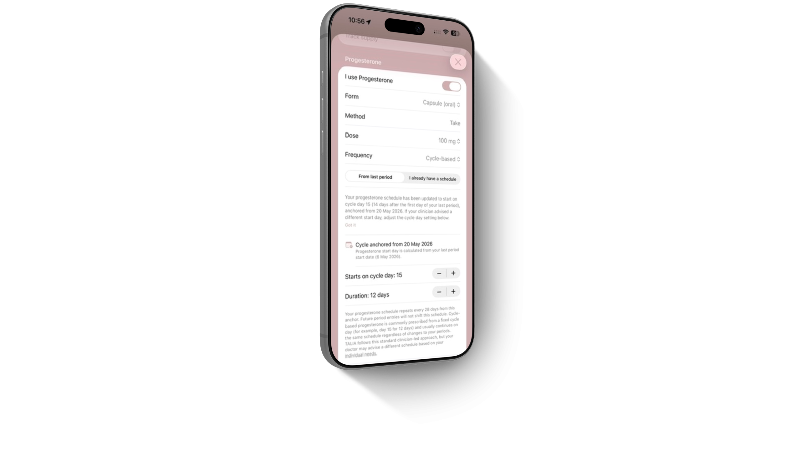 iPhone displaying the TĀLIA menopause and HRT tracker app hormone scheduling screen with progesterone dosage, cycle timing and medication settings