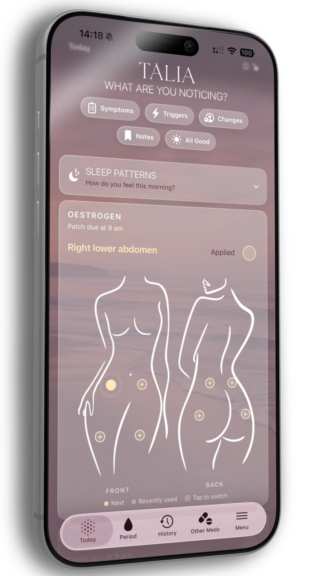 TALIA Home Body map - TALIA Tilted smartphone displaying a health-tracking app with buttons for Symptoms, Triggers, Notes and hormonal entries (Estrogen, Progesterone).