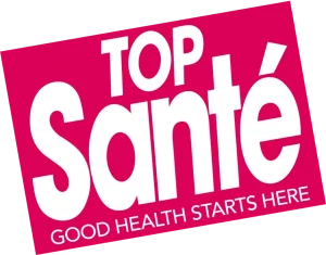 top-sante-top-sante-magazine-logo - TALIA Tilted magenta sale sign that reads 'Top Santé' with the tagline 'Good health starts here'