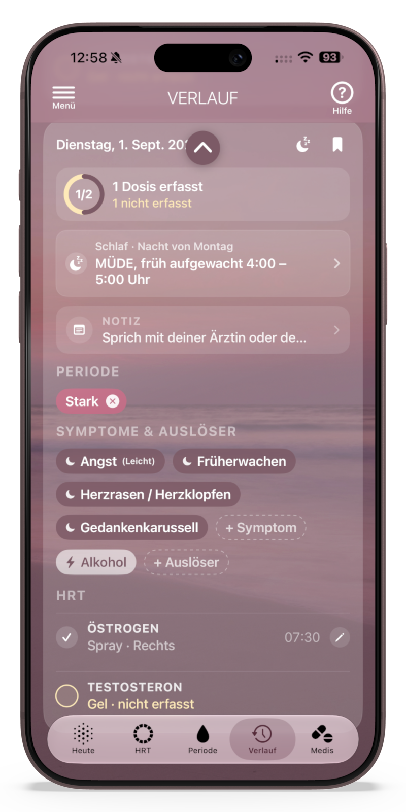 GermanHistory - TALIA Screenshot of a mobile fertility/period-tracking app (Verlauf) in German, showing cycle day 1 of 2, upcoming reminders, symptom chips, and bottom navigation icons.