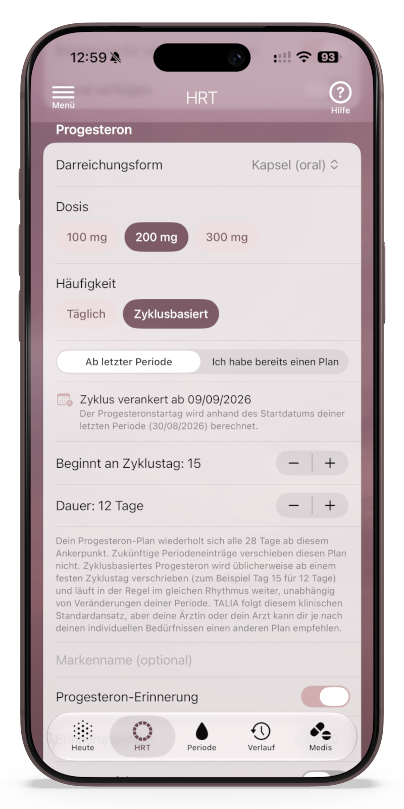 Germanhrt - TALIA Progesterone settings in a pink HRT app: dosage options 100, 200, 300 mg and cycle-based schedule with start date 09/09/2026.