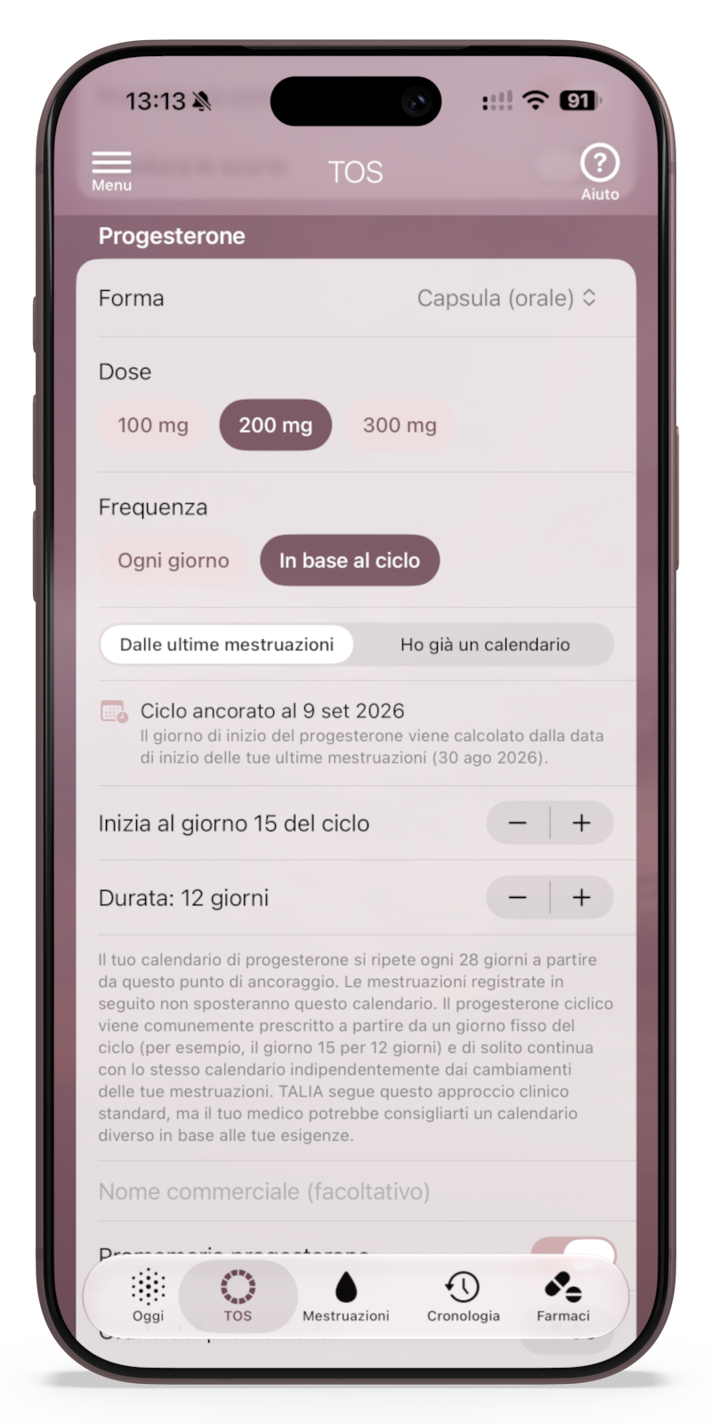 Schermata dell'app TOS che mostra informazioni sulla Progesterone, con dettagli su forma, dose e frequenza.
