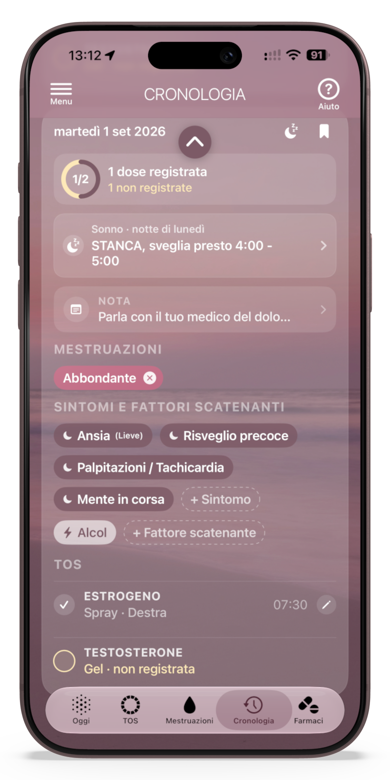 Schermata dell'app con cronologia medica, sintomi, dosi di estrogeno e testosterone, e note sul sonno e ansia.