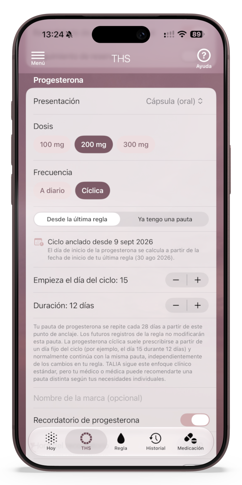SpanishHRT - TALIA Pantalla de la app THS mostrando información sobre la progesterona, incluyendo dosis y frecuencia de uso.