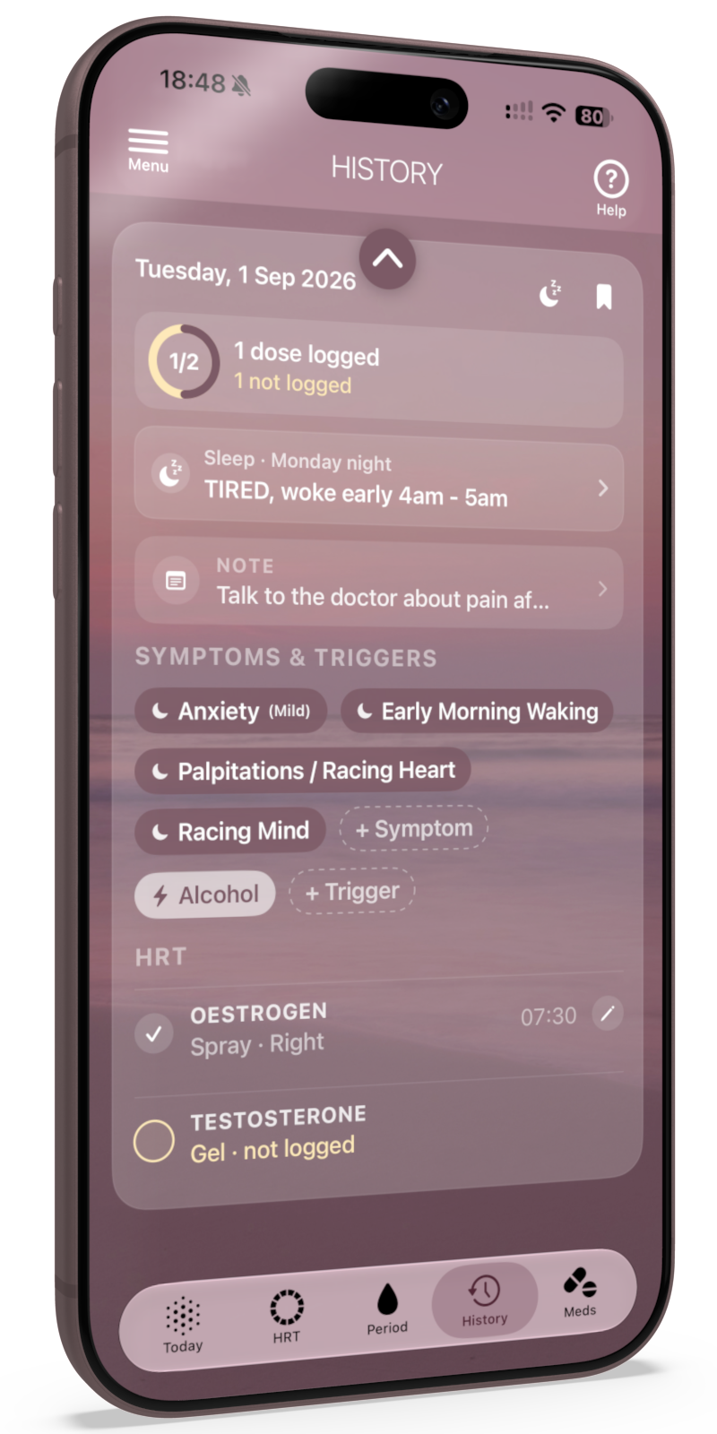 Tilted smartphone displaying a health-tracking app with buttons for Symptoms, Triggers, Notes and hormonal entries (Estrogen, Progesterone).