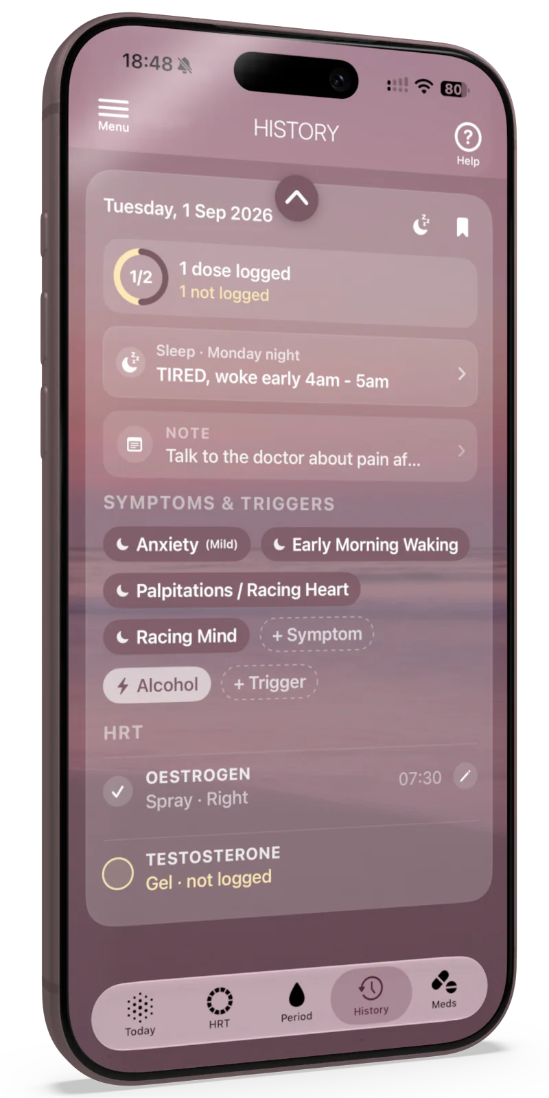 Tilted smartphone displaying a health-tracking app with buttons for Symptoms, Triggers, Notes and hormonal entries (Estrogen, Progesterone).