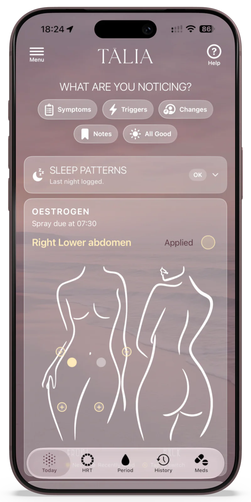 Tilted smartphone displaying a health-tracking app with buttons for Symptoms, Triggers, Notes and hormonal entries (Estrogen, Progesterone).