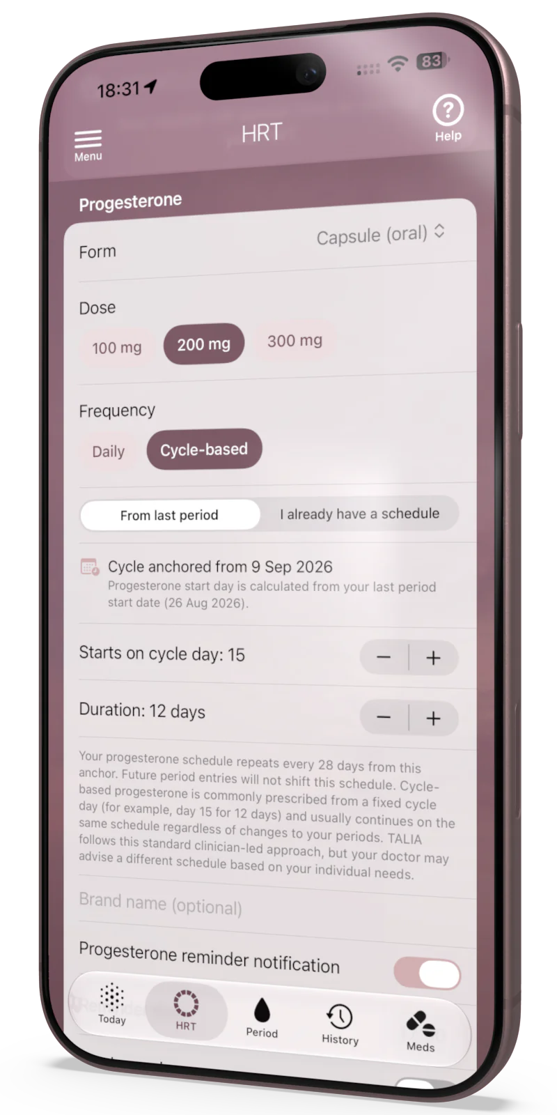 Tilted smartphone displaying a health-tracking app with buttons for Symptoms, Triggers, Notes and hormonal entries (Estrogen, Progesterone).