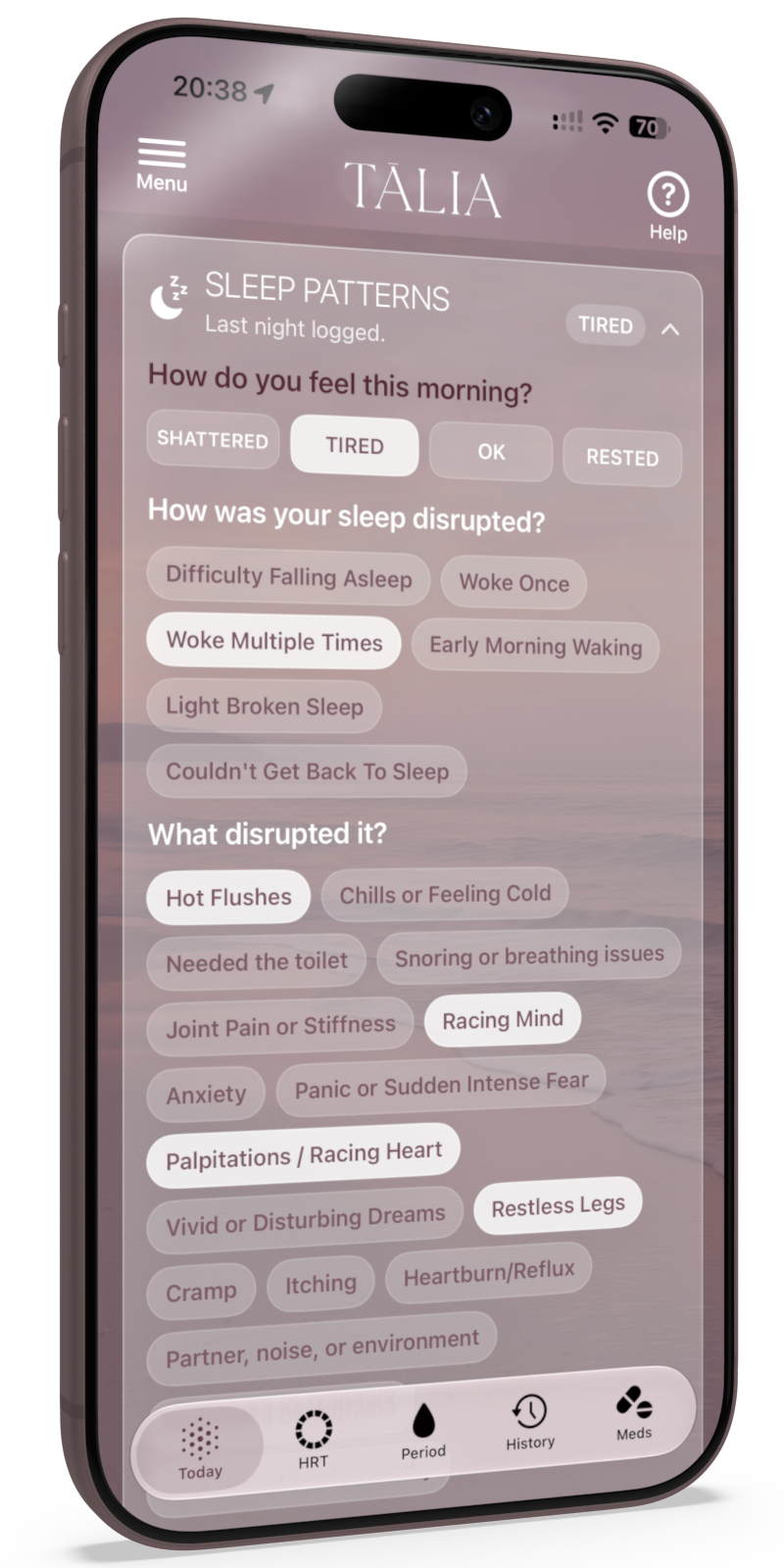 Smartphone screen showing the TALIA sleep app with a 'Sleep Patterns' panel and mood pills (Tired, Shattered, Rested).