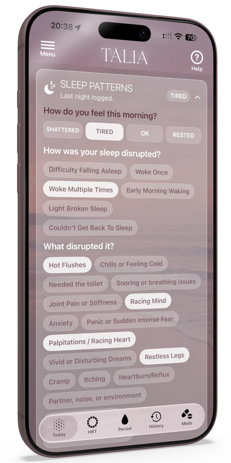 TALIA-HRT-APP-SLEEP-L - TALIA Smartphone-Bildschirm mit der Schlaffunktion der TALIA-App, einem Feld „Schlafmuster“ und Stimmungs-Buttons (Müde, Erschöpft, Ausgeruht).